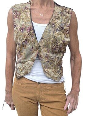 Vintage 90s Beaded Rayon Vest Tie Back Floral Tan Black Small
